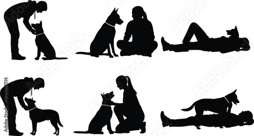 Woman and Dog Silhouette Set, Pet Training Vector Icons, Human Animal Bond Graphics, Girl Playing With Puppy, Loyal Canine Elements, Isolated Black Shapes, Friendship