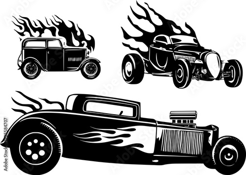 Set of classic hotrod cars with custom flames design, racing roadster for garage or service design