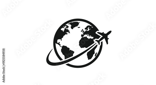 A globe with an airplane circling a striking black silhouette