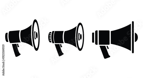 Three black retro megaphone icons in a row graphic silhouette