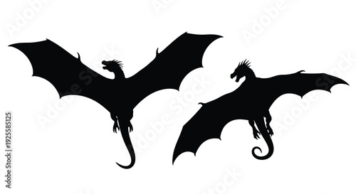 Two dragons in flight a dramatic black shape silhouette