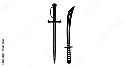 Two antique swords displayed vertically in a dark silhouette