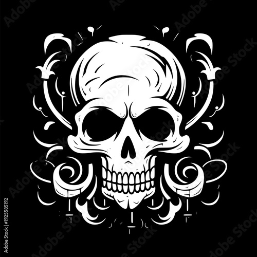 Playful skull face with large round eyes and toothy grin, swirling ornamental accents surrounds the head, black and white graphic