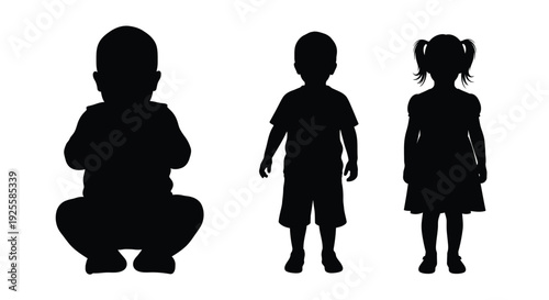Three children standing and squatting a striking black silhouette