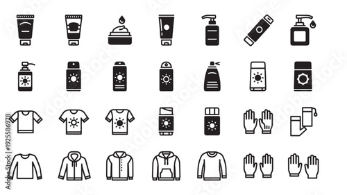 Set of 30 Sun Protection and Clothing Icons Vector