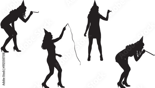 Women party silhouette set with playful poses, high heels and cone hats, holding party blowers and ribbon streamer, black cutout figures isolated on white