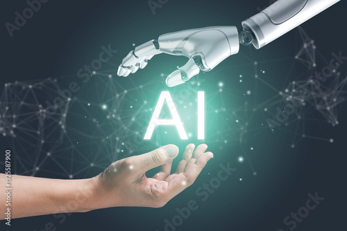 Foto Robotic hand reaching toward human hand with glowing AI text, artificial intelligence collaboration, human and machine partnership, digital future, and advanced technology concept