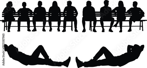 Black silhouette collection of people sitting on park benches and lying down in relaxed poses isolated on white background for urban lifestyle design