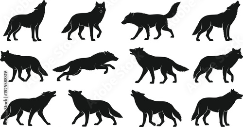 Wolf Silhouette Set, Howling Wild Animal Vector, Predator Pack Graphics, Forest Wildlife Icons, Jumping Coyote Shapes, Alpha Dog Silhouette, Nature Elements, Isolated Black Icons
