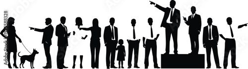Black silhouette collection of professional business people and leaders in formal suits standing in line with a child and dog on white background isolated