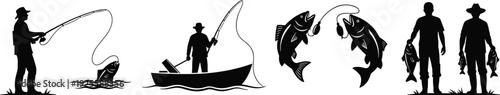 Black silhouette collection of professional fishermen catching fish from boat and shore with rods and reels isolated on white background for outdoor sport design