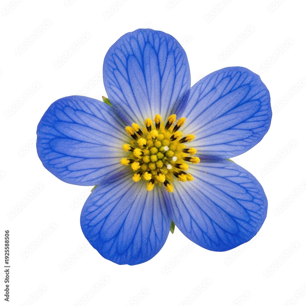 Fototapeta premium A vibrant blue flower with yellow stamens and delicate petals isolated on transparent background
