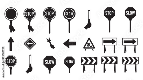 Set of 24 black and white road sign icons vector