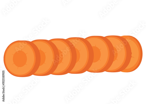 A row of sliced carrots on a white background.