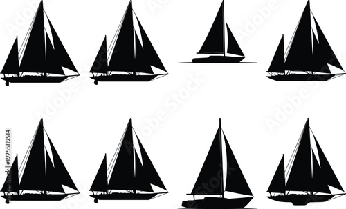 Diverse sailboat silhouettes against a plain background in two distinct rows