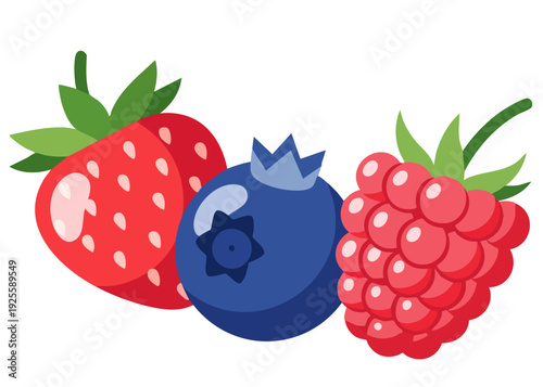 Colorful illustration of mixed berries including strawberry, blueberry, and raspberry.