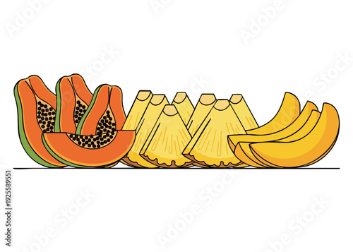 Colorful illustration of tropical fruits including papaya and bananas.
