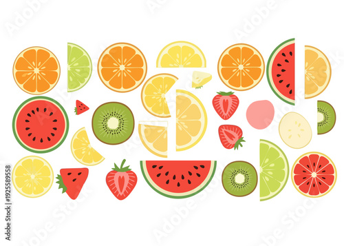 Assorted colorful fruit slices arranged in a vibrant pattern.