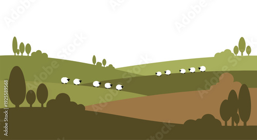 Flat illustration of a serene countryside landscape with sheep grazing in a field of green and brown hues against a white sky.