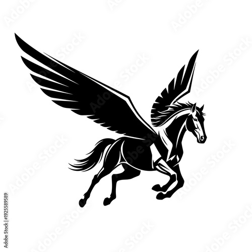 Black winged horse and eagle vector illustration featuring a flying silhouette of a wild pegasus and falcon with feather wings for a nature tattoo design symbol of freedom