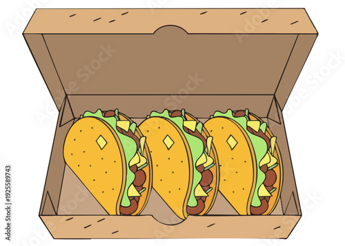 Three tacos in a cardboard takeout box.