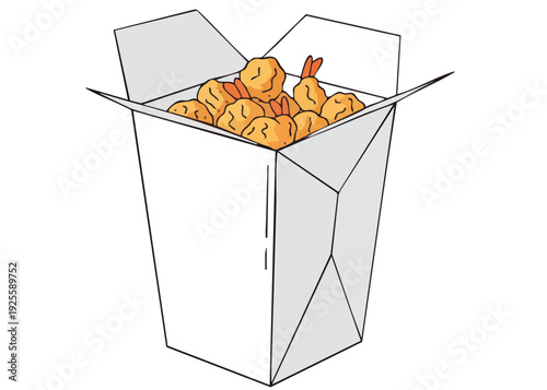 Takeaway box filled with fried shrimp on white background.