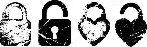 grunge padlocks and heart shaped lock icons with distressed texture design