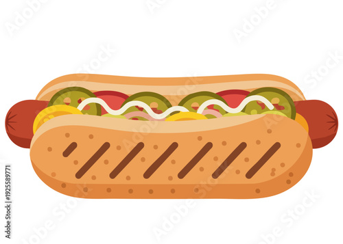 Grilled Hot Dog with Toppings and Condiments in a Bun.