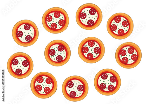Mini pizzas arranged in a circular pattern on a white background.