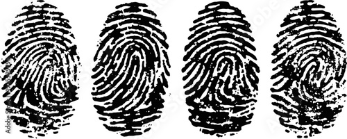 Four black fingerprints on white background unique identity pattern for biometric security and identification