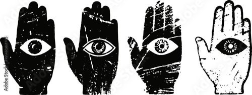 Four stylized hands with eye symbols in palm, mystical and spiritual protective talisman designs