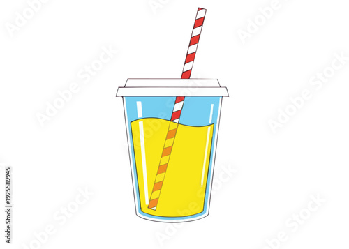 Illustration of a disposable plastic cup with a straw and yellow liquid.