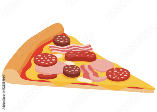 A delicious slice of pizza with pepperoni, ham, and bacon toppings.