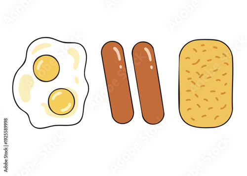 A simple breakfast illustration featuring egg, sausages, and hash browns.