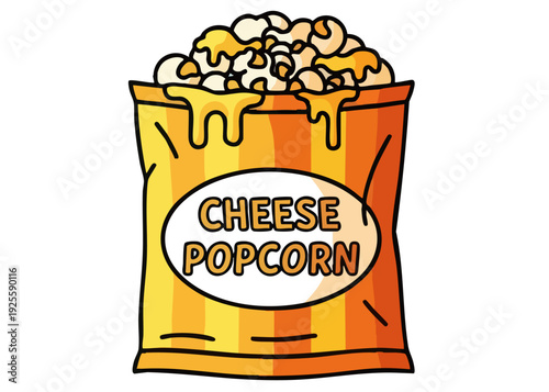 A cartoon bag of cheese popcorn with a yellow and orange striped pattern.