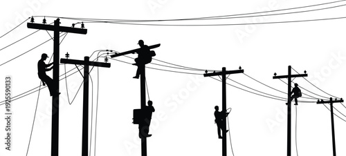 Linemen Working on Utility Poles and Power Lines Silhouette vector illustration