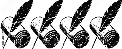 vintage black feather quill pens with scrolls in sepia repetition pattern