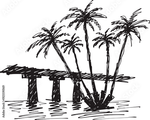 hand drawn palm trees near pier over water sketch tropical island nature illustration in black and white