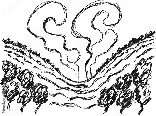 hand drawn landscape with hills, trees, and swirling smoke or clouds in the sky