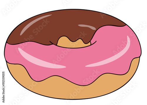 A cartoon donut with chocolate and pink frosting.