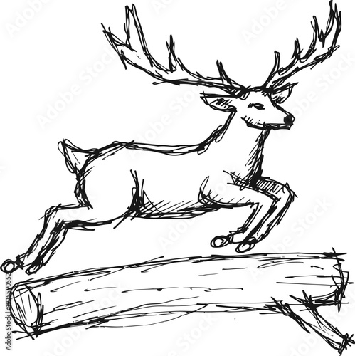 hand drawn sketch of a deer jumping over a log wildlife illustration, nature, forest animal, dynamic motion