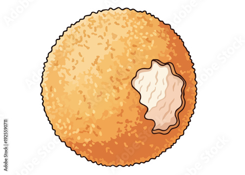 A partially eaten round bread or pastry with a crispy golden crust and soft interior.