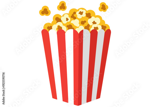 Red and white striped popcorn bucket filled with yellow popcorn.