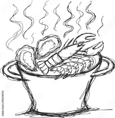 Steaming seafood pot with shrimp and oysters cooking in boiling water, fresh ocean delicacies meal
