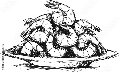 Shrimp pile on plate hand drawn seafood illustration of cooked crustaceans on dish