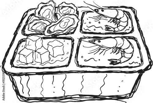 Seafood platter with oysters, shrimp, and tofu cubes in a divided container