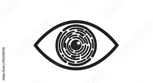 Stylized vector illustration of an open human eye featuring an iris designed like a fingerprint maze