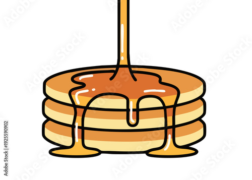 Stack of pancakes with syrup being poured on top.