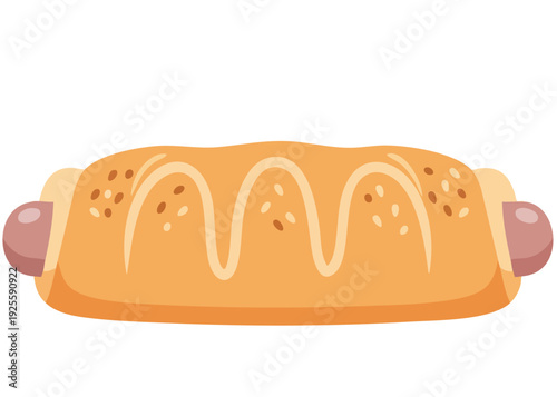 A cartoon hot dog in a bun with mayonnaise or mustard.