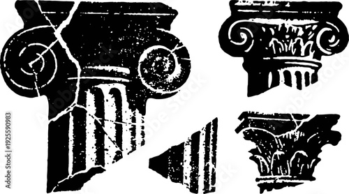 Ancient broken classical columns fragments with decorative capitals in black and white